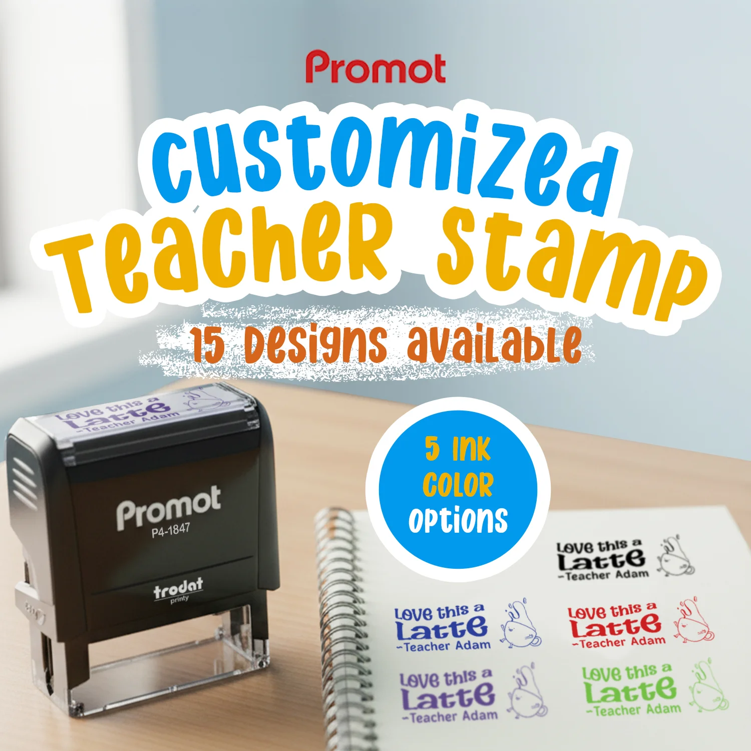 Customized teacher ink stamp by Promot with “From the Library Of” design, shown on notebook with multiple ink color options and 15 designs available.